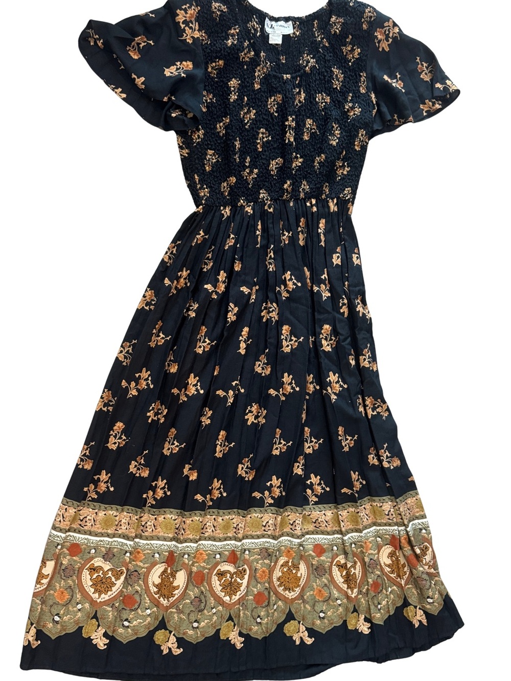 Vintage S.L. Fashions Black Floral Maxi Dress with Decorative Border